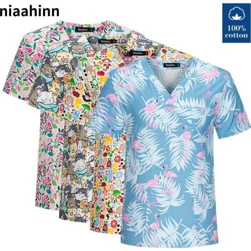 Cartoon Print Women Scrubs Uniform Surgical Top Hospital Doctor Surgery Workwear Dental Clinic Costume Pet Grooming Work Clothes