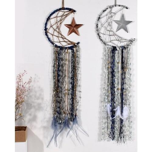Bohemian Pentagram Dream Catcher Bell Pendant Handmade Star Moon Pendant Wall Hanging Ornament with Feathers for Home Décors