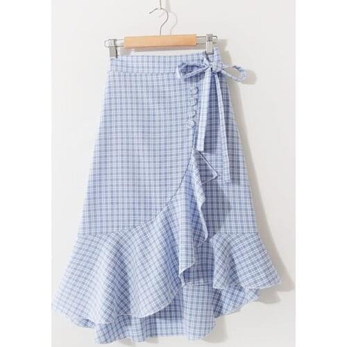 Asymmetry Ruffles Pleated Mid Skirt 2021 New Plaid Skirt Summer Women Elastic High Waist Office Lady A-line Skirt