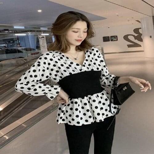 Women Spring Autumn Style Chiffon Blouses Women Casual Long Sleeve V-Neck Polka Dot Shirts Vintage Women Patchwork Tops DF3354