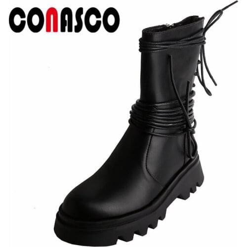CONASCO 2021 Women Mid-Calf Boots Autumn Winter Warm Genuine Leather Casual Prom Shoes New Arrival Narrow Band Boots Woman