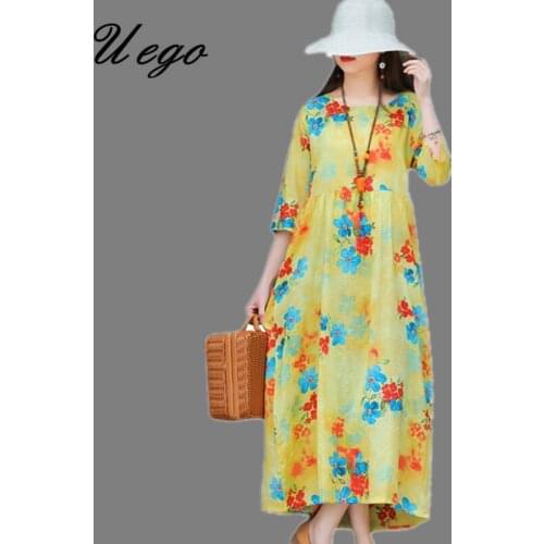 2021 New Arrival Fashion Spring Summer Dress Linen Cotton Print Floral Vintage Dress Plus Size Loose Women Casual Midi Dress