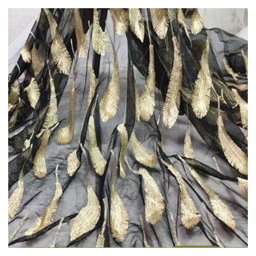 One Yard 135cm Wide Black/White/Pink Embroidered Tulle Mesh Lace Fabric With Feathers For Evening Dresses Glitter Mesh Fabric