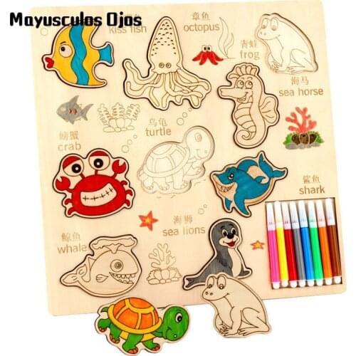 Wooden Childrens Graffiti Coloring Painting Animal Puzzle Backgammon Parent-child Educational Toys For Boys And Girls