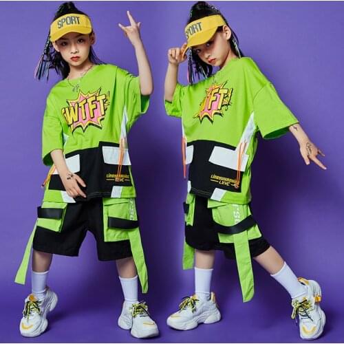 Childrens Hip Hop Clothes Loose Green Tops Pants Short Sleeved Hip-Hop Suit Girls Boys Street Dancewear Stage Outfits BL5746