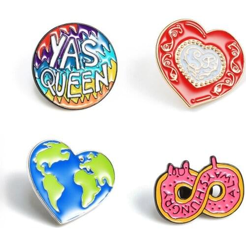 YAS Queen Love Earth Heart Donut Enamel Pins Cartoon Brooches Unisex Badge Jackets Backpack Lapel Pin Fashion Accessories Gifts