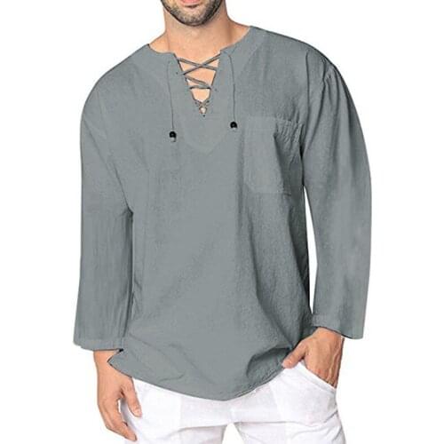 Hot Men Solid Baggy Shirt Cotton Linen Hippie Shirt Summer Mens Fashion Casual Street Daily Long Sleeve V Neck Shirt Five Color