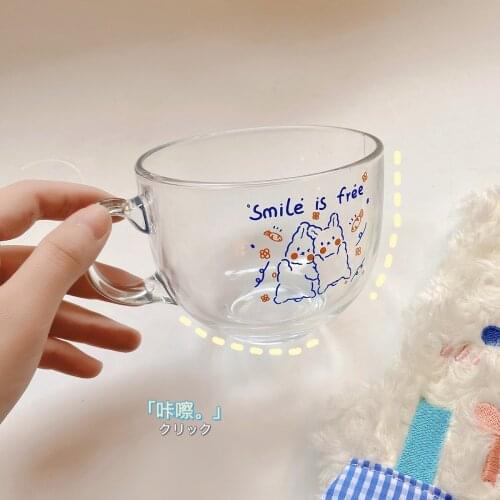 Creative Scale Glass Mug Breakfast Milk Coffe Cup Household Couple Water Cup Cartoon Rabbit Pattern Drinkware