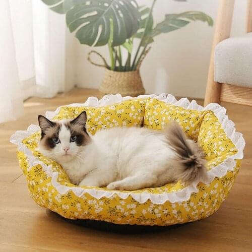 Cat Bed Summer Breathable Small Floral Print Lace Border Dog Bed Pet Bed Deep Sleep Soft Bite Resistant Cats Bed Pet Supplies