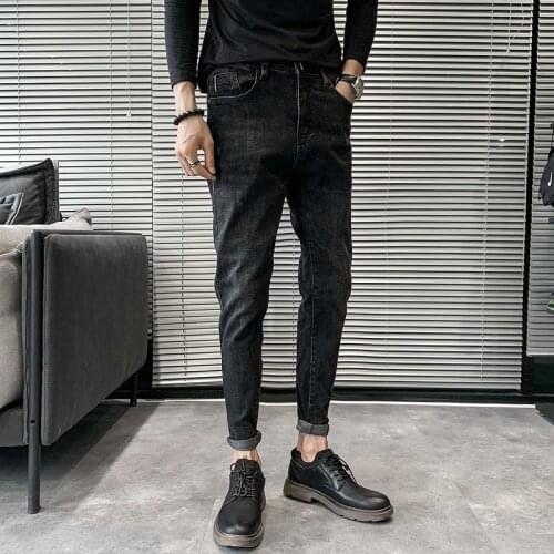 Hot Sale Korean Slim Fit Stretched Jeans Men Clothing 2021 Simple Ankle Length All Match Denim Pants Casual Trousers Streetwear