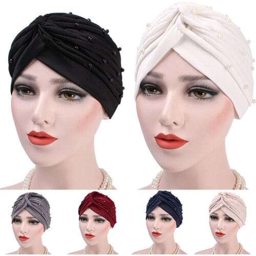 Fashion Muslim Turban Caps Twist Pearls Muslim hijab bonnet Hat Women Indian Hat Autumn Turban Femmme headband turbante mujer