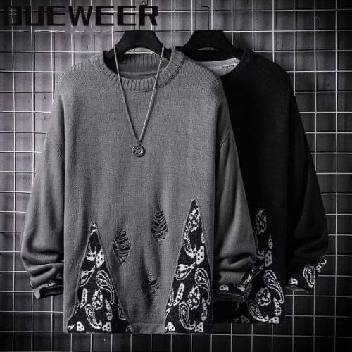 Dueweer Cashew Flowers Patchwork Sweaters Jumpers Men Harajuku Retro Japanese Streetwear Hip Hop Hole Pullovers Sweater