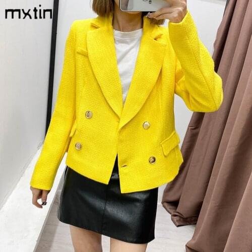 MXTIN 2021 Women Spring Vintage Double Breasted Short Jacket Coat Fashion Turn-down Collar Pockets Outerwear Casual Chic Tops