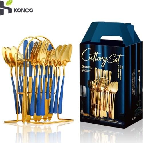 Konco 24pcs Gold Cutlery Set Stainless Steel Tableware Set With Storage Rack Knife Fork Spoon Luxury Dinnerware Set Give gifts