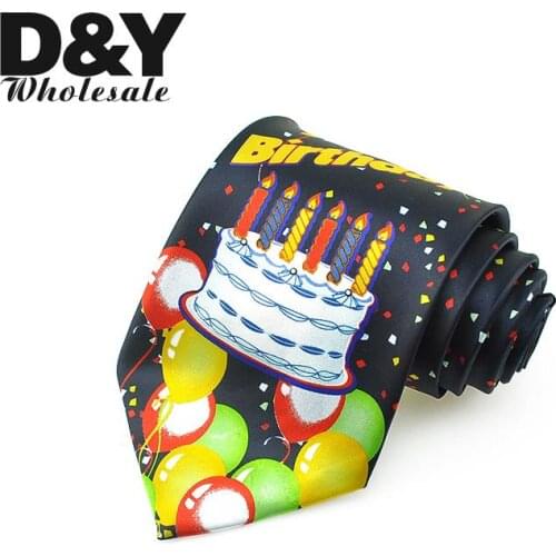 Mens Tie Novelty Happy Birthday Cake Colorful Balloon Printing Neckties Polyester 10 cm Wide Cravate Gift Party Brand Design