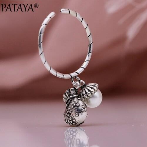 PATAYA New White Round Shell Pearl Pendant Ring Ancient Wipe Black Party Unique Fashion Jewelry Women Wedding Fine Ring Gift
