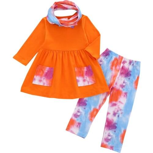 2-7Y Toddler Baby Girl Autumn New Long Sleeve T-Shirt Tops Kids Tie-dyed Long Pant Children Scarf 3PCS Sets Girls Clothes Set