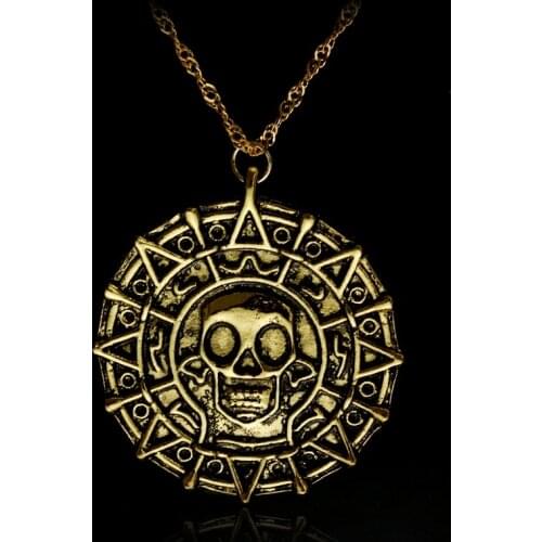 Movie Pirates of the Caribbean Necklace Aztec coin Vintage Gold Captain Jack Sparrow Medallion Skull Pendant Necklaces For Men