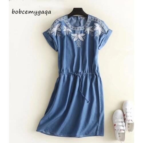 Embroidery summer soft denim dress dropped shoulder knee-length tied waist pleated Jeans dresses women short sleeves blue dress
