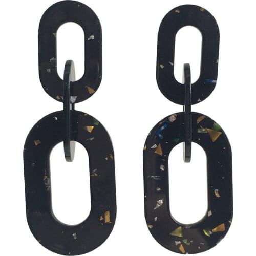 Casual Glitter Decorated Black Acrylic Oval Plate Linked Drop Earrings For Women Girl Chunky Gorgeous Lovely Jewelry Accessory