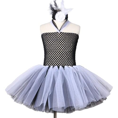 Kid Girls Halloween Costume tutu dress with a headband fluffy Back and whtie Party dress