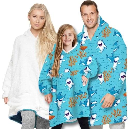 Family matching pajamas outfit mommy dad kid sleepwear cartoon shark print adult children blankets warm lamb velvet nightgown