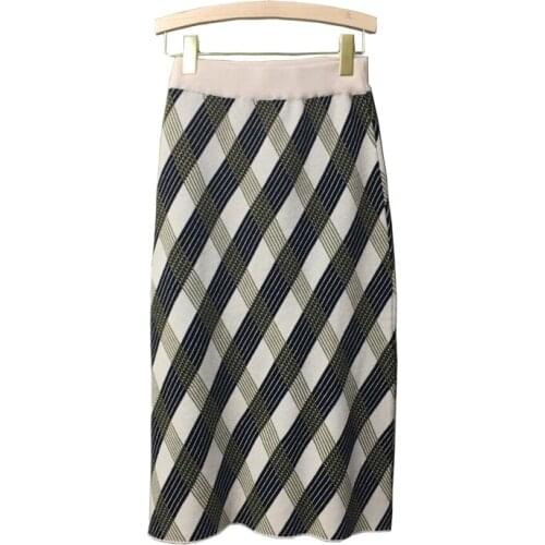 PERHAPS U Beige Blue Green Brown Plaid Empire Elastic Waist Knitted Midi Skirt Straight Casual Autumn Winter Elegant S0110