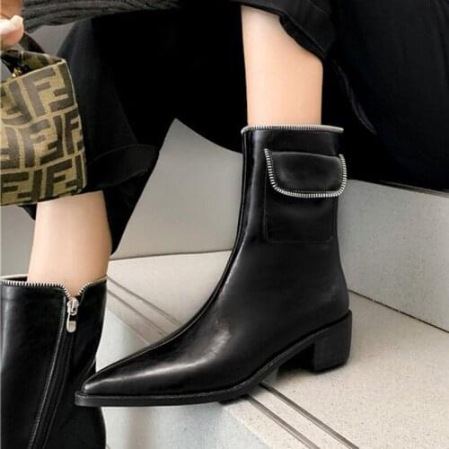 Women Modern Boots New 2021 Fashion Female Pointed Toe Square Heels Zipper Shoes Ladies Spring Autumn British Style Ankle Boots