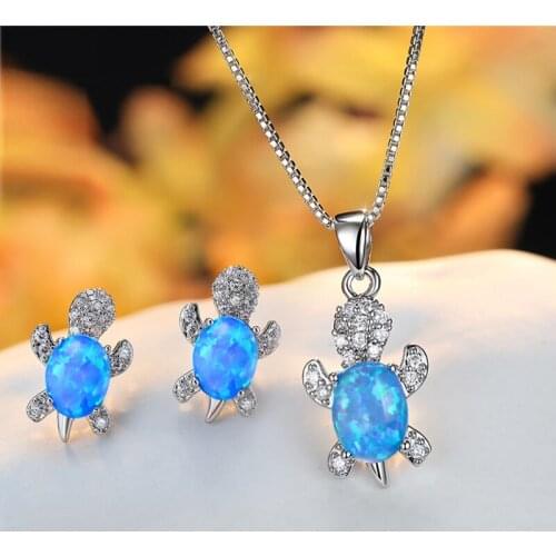 Female Cute Turtle Jewelry Sets Blue Opal Oval Stone Necklace Earrings Vintage Silver Color Luxury Bridal Wedding Sets For Women
