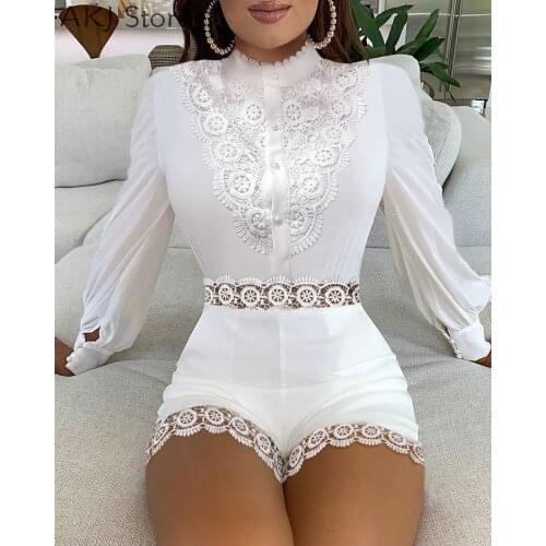 Women White Lace Long Sleeve Hollow-out Shirt Romper Playsuits