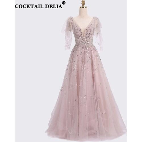 Pink Beading Prom Dresses Long 2021 V-Neck Light High Split Tulle Sleeveless Evening A-Line Backless Vestido
