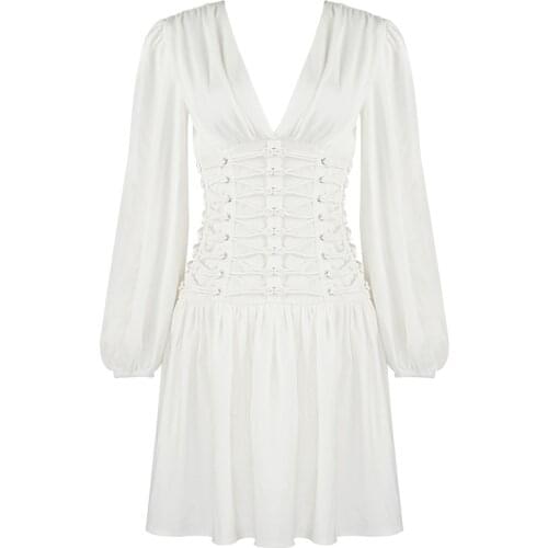 Women Dress Summer Sexy Party Club White Bandage V Neck Long Sleeve Elegant Celebrity Ladies Clothes New Bodycon Dresses