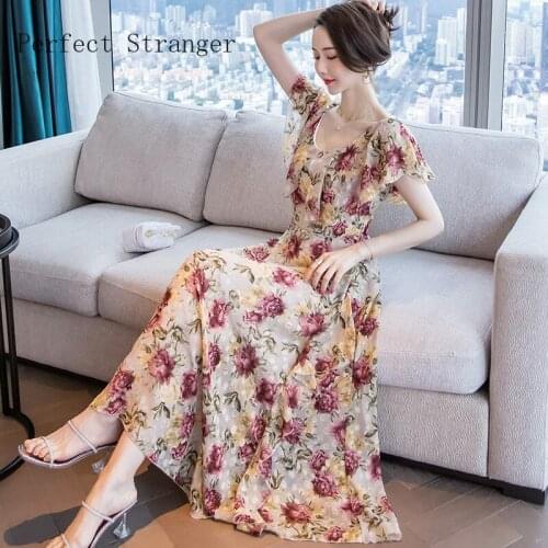 High Quality 2021 Summer Dress For Women V Collar Floral Printed Short Sleeve Women Chiffon Long Dress