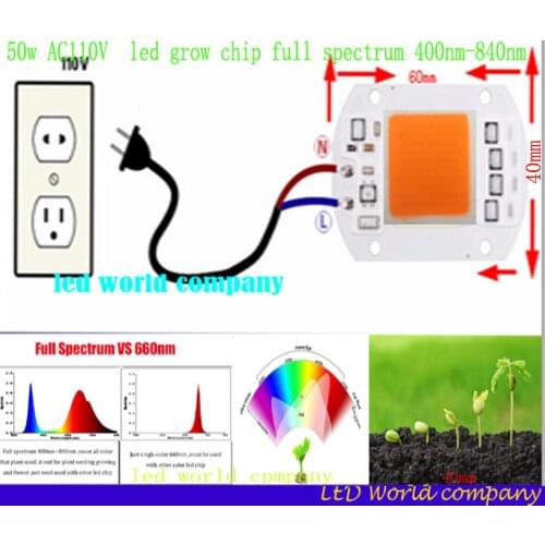 1pcs Hydroponice AC 110V /200V 50w led grow chip full spectrum 380nm-840nm for indoor plant grow+(US EU)Power cord 1root