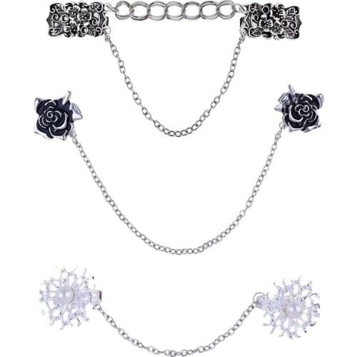3Pcs/Set Antique Flowers Faux Pearl Women Cardigan Collar Dress Shawl Chain Clip fashion