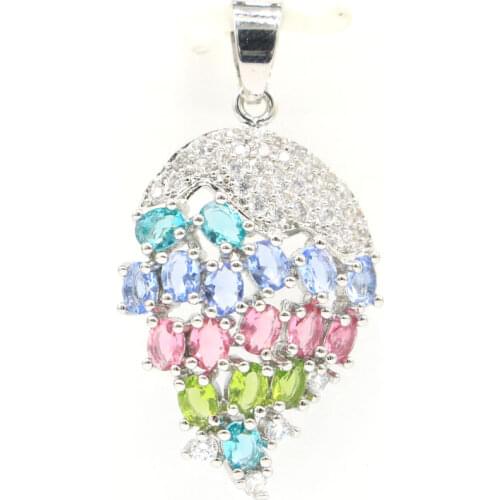 34x21mm Elegant Created Green Peridot Pink Tourmaline Bright Zircon For Sister Wedding Silver Pendant
