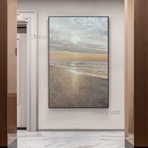 Abstract Texture Knife Seascape Scenery Oil Painting Hand Painted Sea Sunset Landscape Wall Canvas Decorative Art Wall Picture