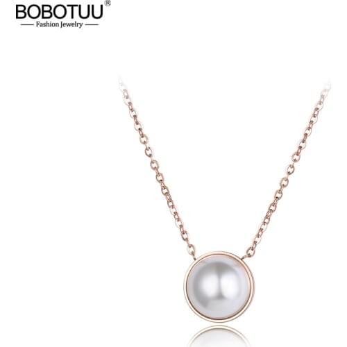 BOBOTUU Classic White Simulated Pearl Chain & Link Necklaces Jewelry Titanium Steel Rose Gold Chokers Necklace For Women BN18063