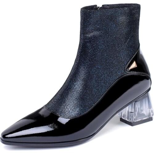2020 Latest Rivet Chelsea Boot Women Ankle Boots Winter Booties Genuine Leather Womens High Square Heel Shoes Female Footwear