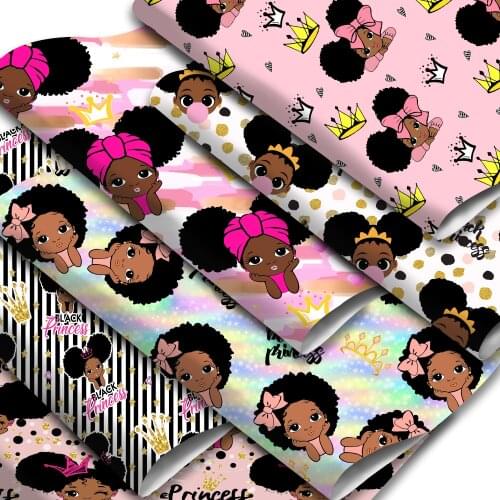 Black Girls Princess Printed Lychee Faux Leather Sheets Synthetic Leather Fabric Roll for DIY Handbags Garments Earrings Bows