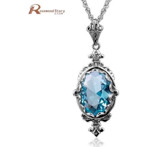 Genuine Silver Pendant For Women Real 925 Sterling Silver Gothic Necklace Pendants Aquamarine Oval Fine Jewelry Halloween Gifts