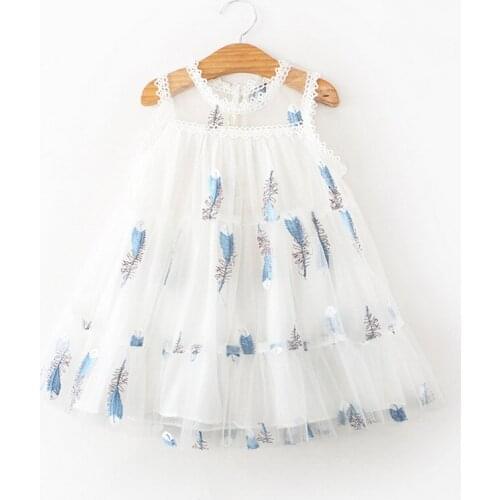 2020 Kids girls summer dress clothing children cute sleeveless embroidery feathers mesh dress for girls 3-8 years