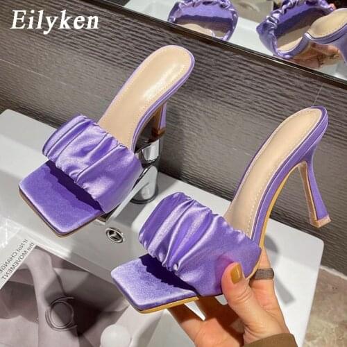 Eilyken 2021 New Fashion Design Pleated PU Leather Slippers Women Summer Sandals Ladies High Heels Square Toe Party Shoes