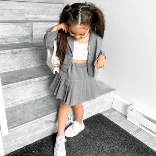 3Pcs Kids Girls Clothes Sets Children Solid Color Long Sleeve Jacket Vest Pleated Skirt College School Style Baby Outfit 1-6Y