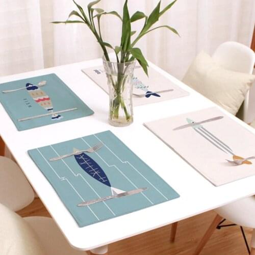 1Piece Cotton Linen Mediterranean Fish Pattern Table Mat Rectangular Heat-insulated Place Mats