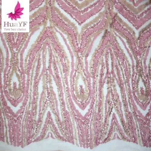 Hot Designs Nigeria Lace Beaded Tulle With Sequins Fabrics For Party Dress HY1005
