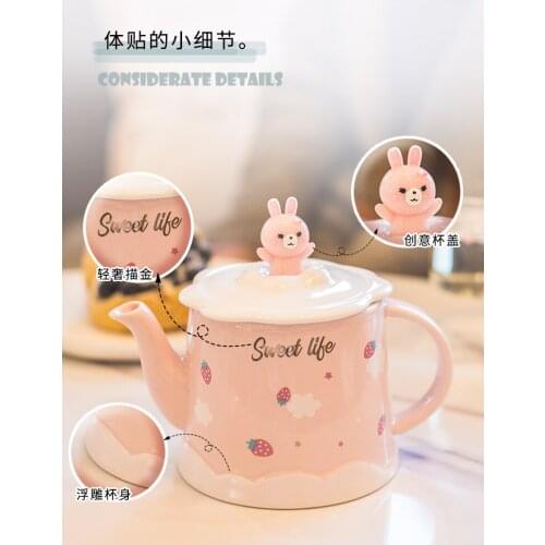 Cute ceramic printing cold kettle, household living room cool kettle, glass teacup set, heat-resistant and high-temperature drin