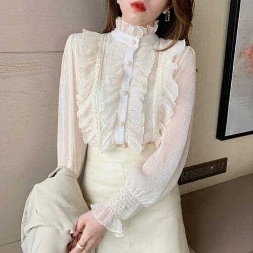 Fashion Victorian Blouses Women OL Office Ladies White Shirt High Neck Frilly Ruffle Cuffs Shirts Female Blouse Party Gothic