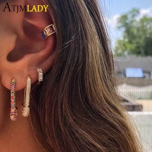 New Fashion Rainbow Rhinestone Safety Pin Stud Earrings Female Hip Hop Paperclip Pin Brincos Women Punk Jewelry Accessories