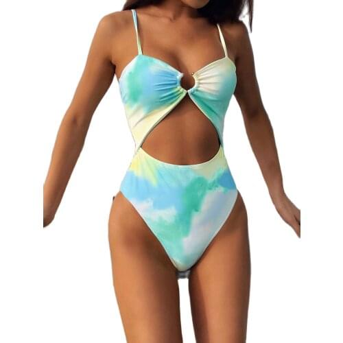 2021 New Women Tie Dyed Printed Monokini Swimwear Hollow Out One Piece Swimsuit Stroje K Pielowe Damskie
